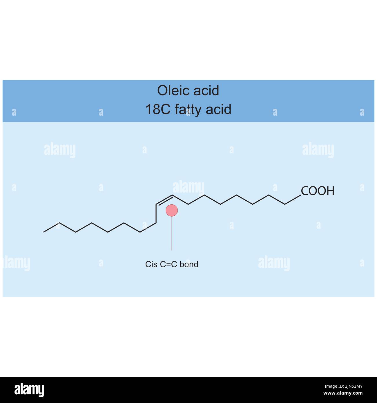 Oleic acid (18 carbon fatty acid) chemical structure on blue background