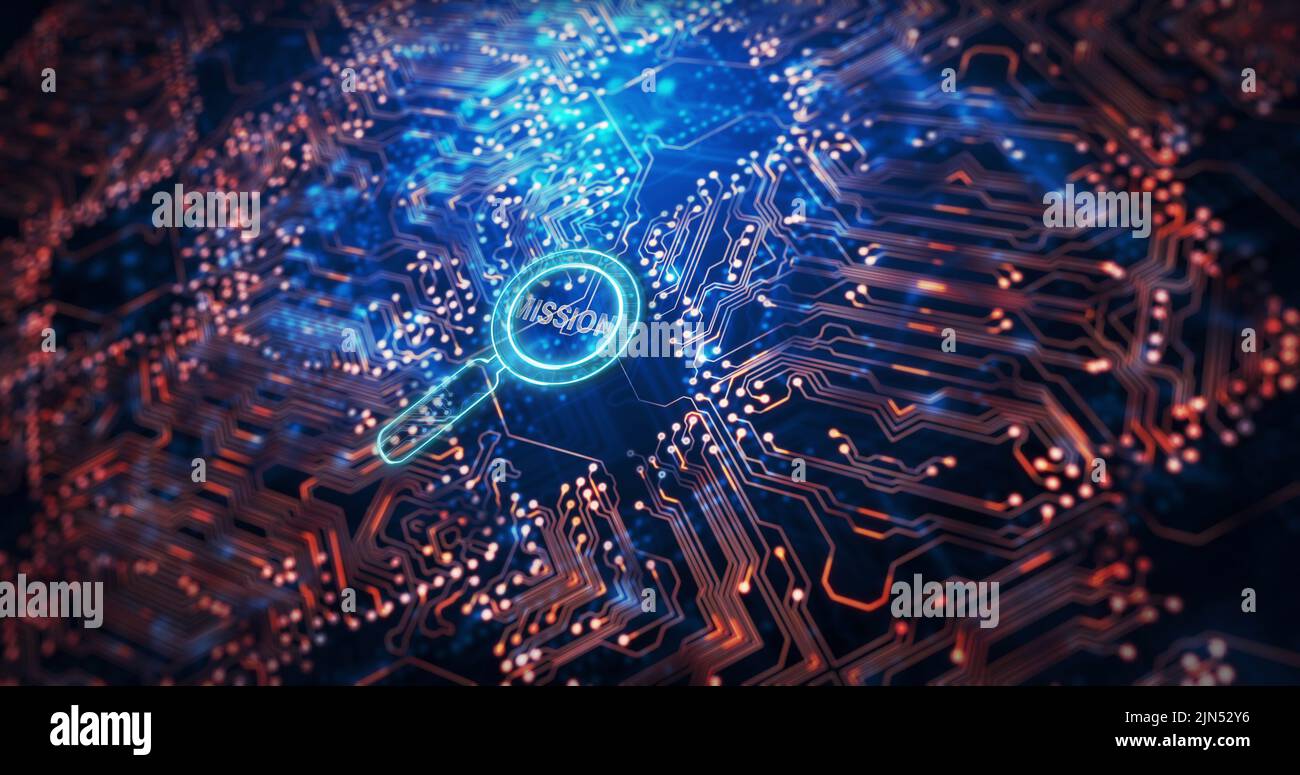 Image of magnifying glass with mission text over computer circuit board ...