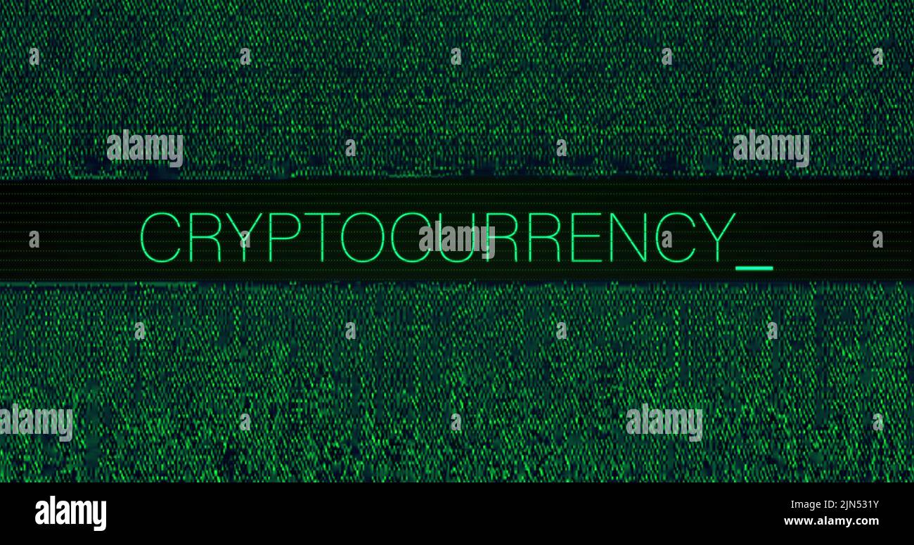 Image of interference over cryptocurrency text on black background Stock Photo