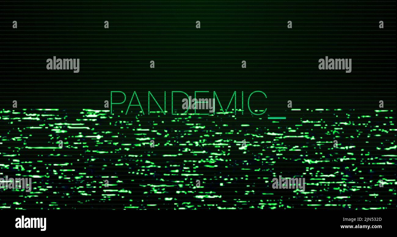 Image of interference over pandemic text on black background Stock Photo