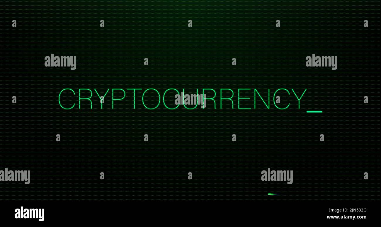 Image of interference over cryptocurrency text on black background Stock Photo