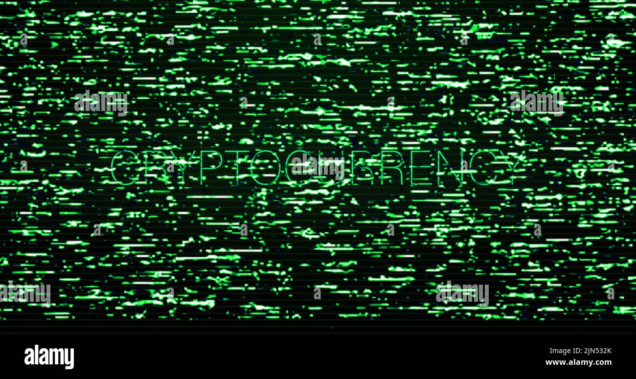 Image of interference over cryptocurrency text on black background Stock Photo