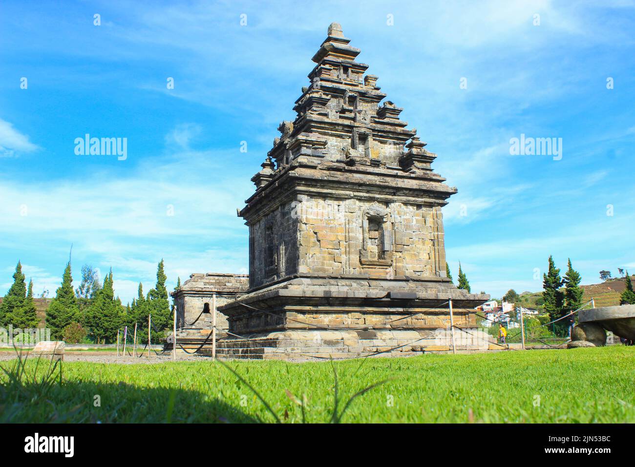 Wonosobo, Indonesia - June 2020 : Local tourists visit Arjuna temple complex at Dieng Plateau after the covid 19 emergency response period Stock Photo