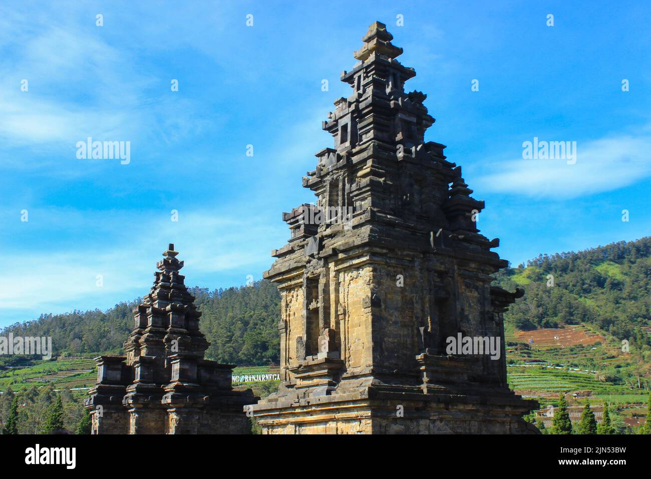 Wonosobo, Indonesia - June 2020 : Local tourists visit Arjuna temple complex at Dieng Plateau after the covid 19 emergency response period Stock Photo