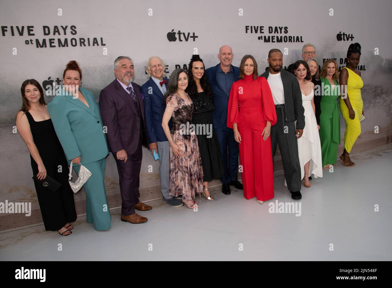 August 8, 2022, Hollywood, California, USA: (L-R) Emma Forman, Sharron Matthews, William Earl Brown, Robert Pine, Sheri Fink, Molly Hager, Michael Gaston, Vera Farmiga, Cornelius Smith Jr., Julie Ann Emery, Cherry Jones, Carlton Cuse, Monica Wyche and Adepero Oduye attend the Apple TV+ Limited Series â€œFive Days at Memorialâ (Credit Image: © Billy Bennight/ZUMA Press Wire) Stock Photo