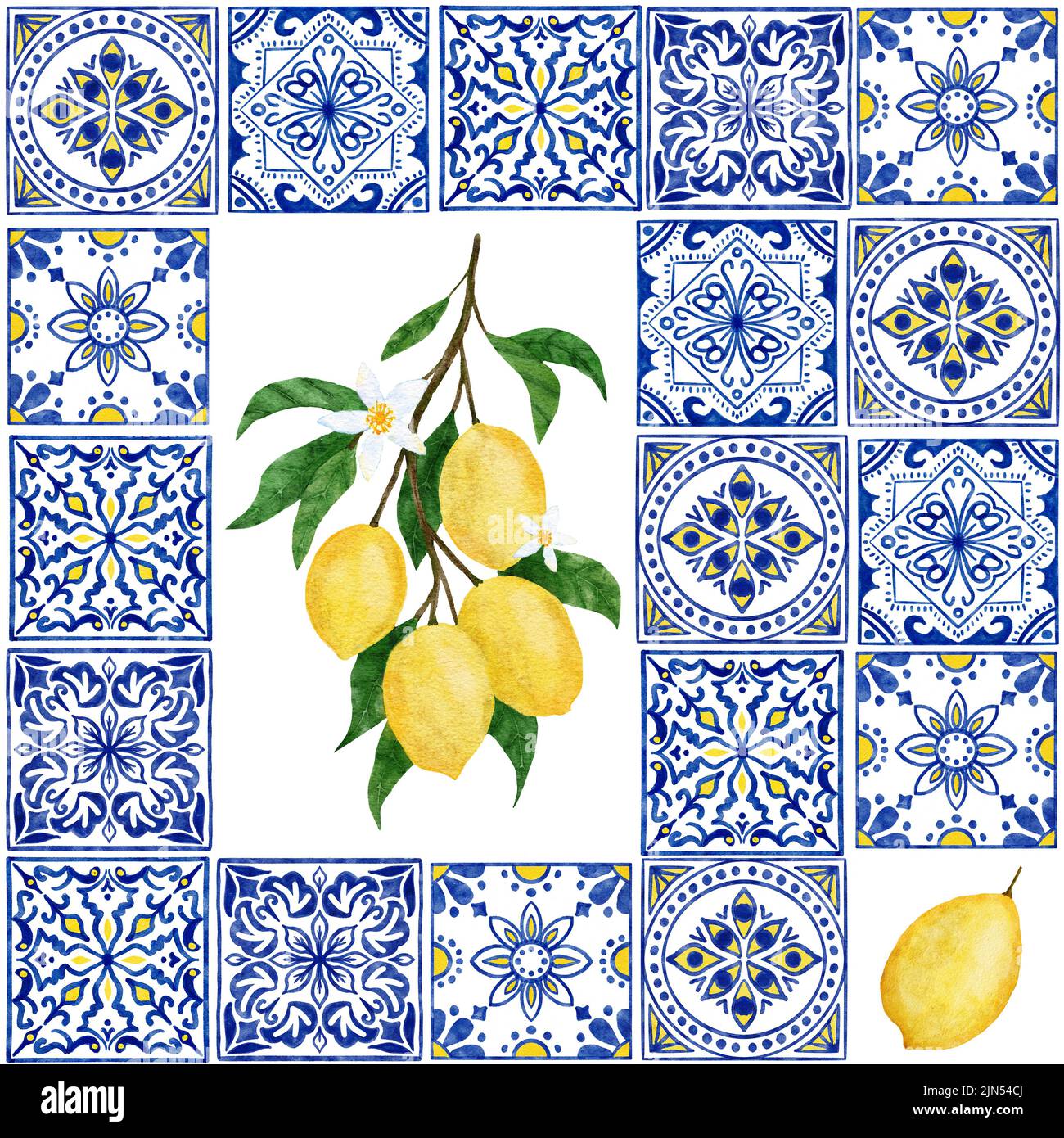 Watercolor hand drawn seamless pattern with lemon citrus fruit blue ...