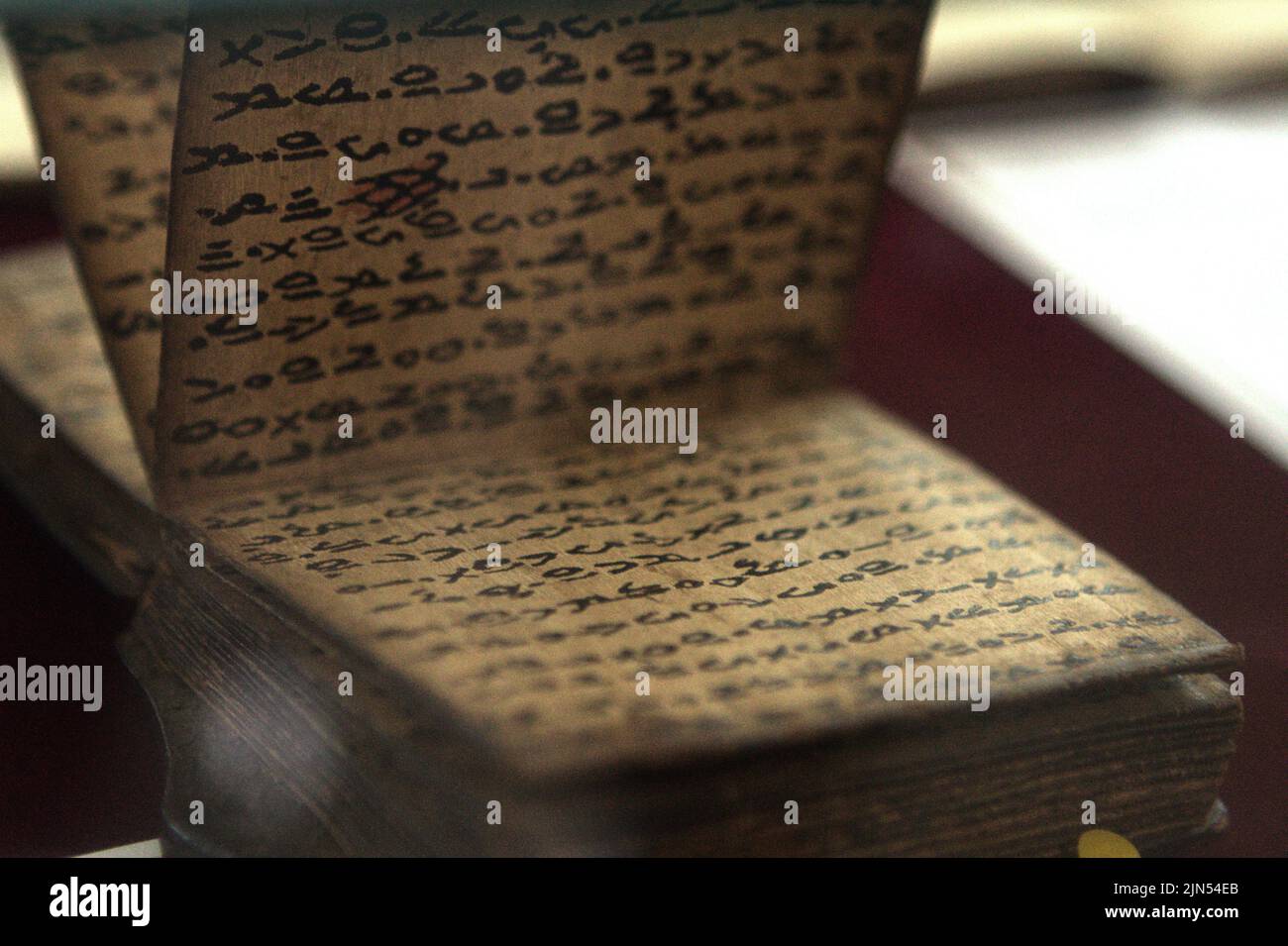 Cuneiform written on tree bark at the National Library in Jakarta, Indonesia. Stock Photo