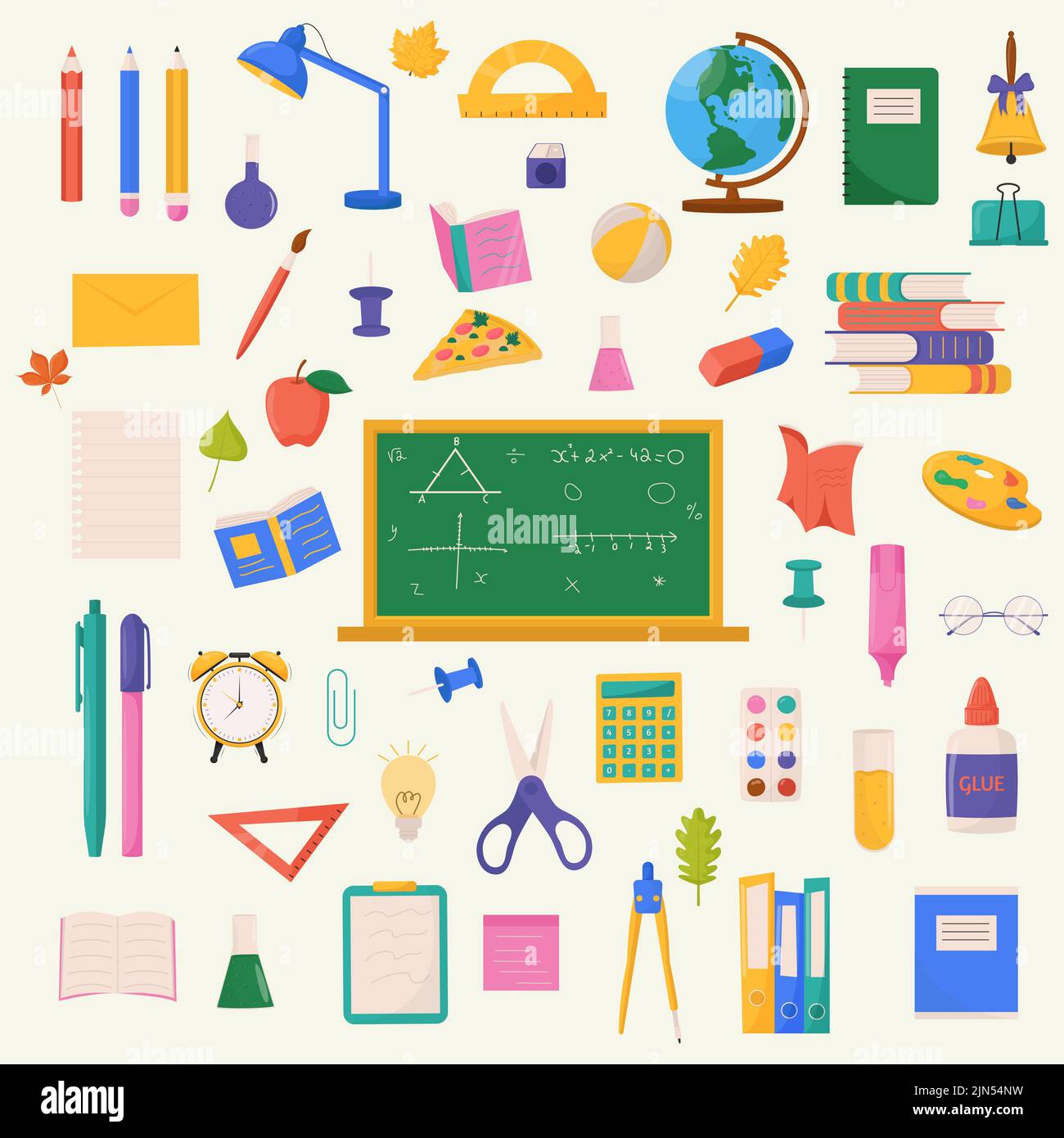 School and education related sets of objects consisting of pen, pencil, ruler, alam, book, notebook. Vector illustration Stock Vector