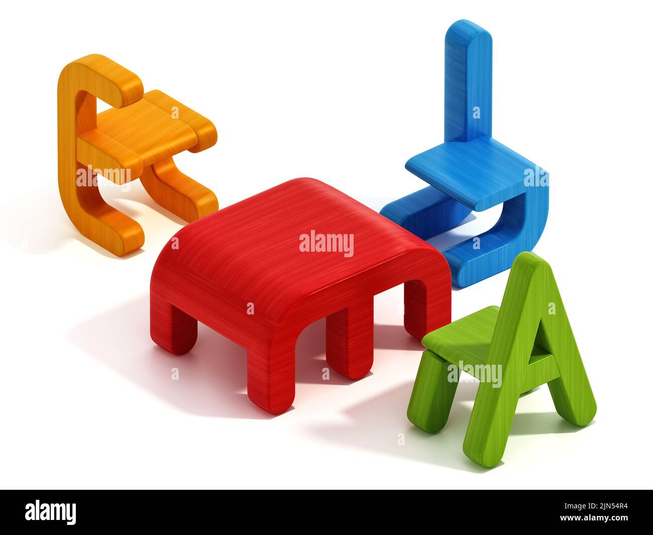 Letter shaped colorful kitchen furniture for kids isolated on white background. 3D illustration