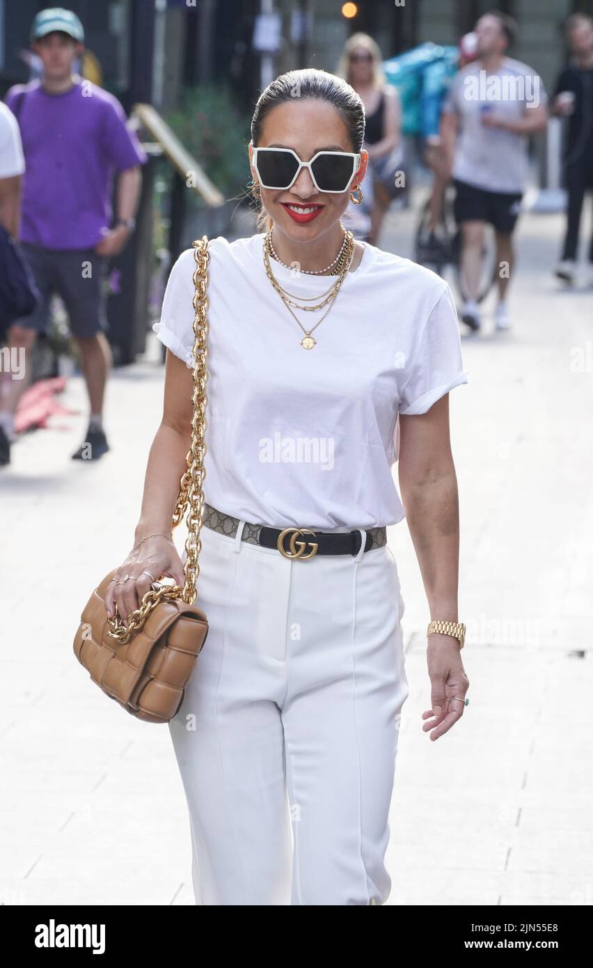 Myleene Klass arrives at Global Radio in London. Picture date: Tuesday August 9, 2022. Stock Photo