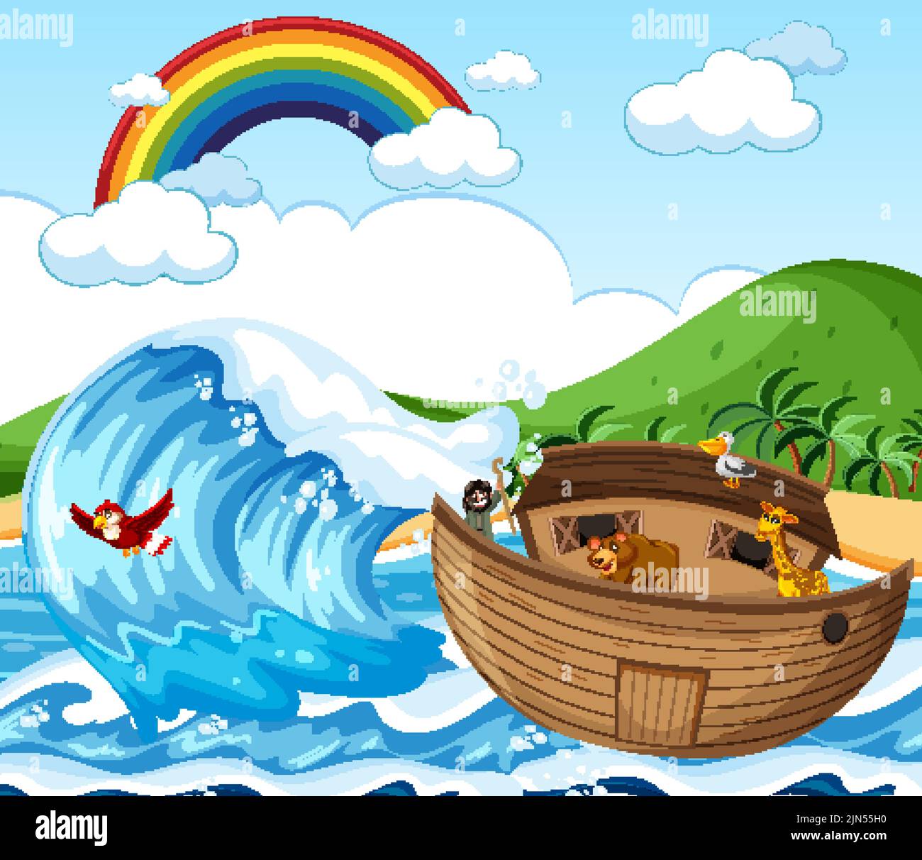 Noah's Ark with wild animals in nature scene illustration Stock Vector