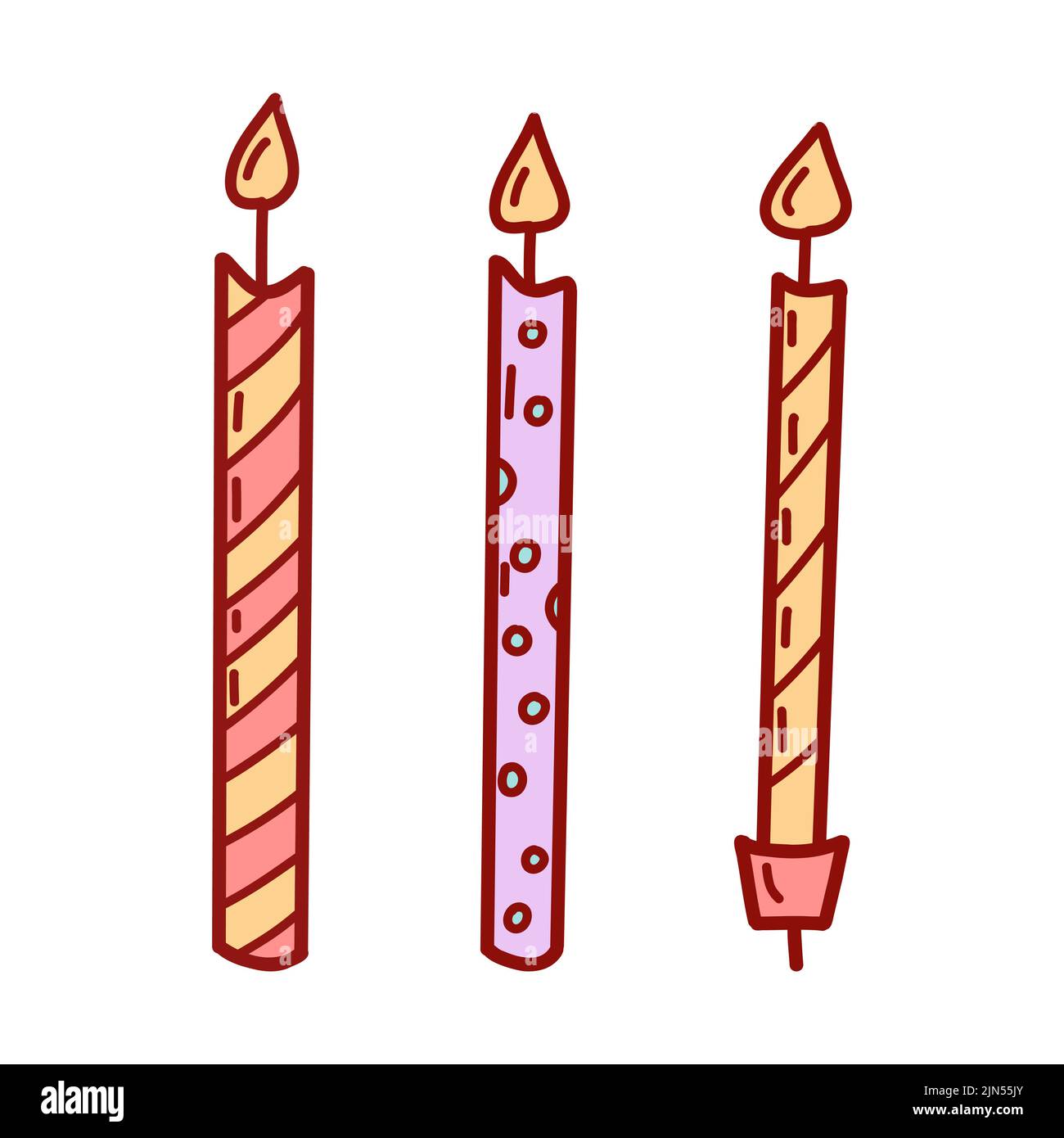 Birthday cake candles with burning flames. Flat vector illustration. Stock Vector