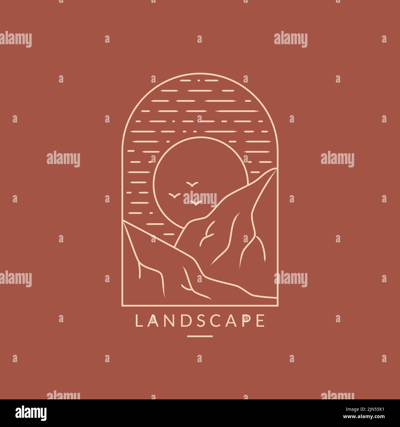 Landscape logo. Line emblem with mountains and sun. Trendy design for travel agencies, eco tourism, outdoor resort, mountaineering or other themes. Stock Vector