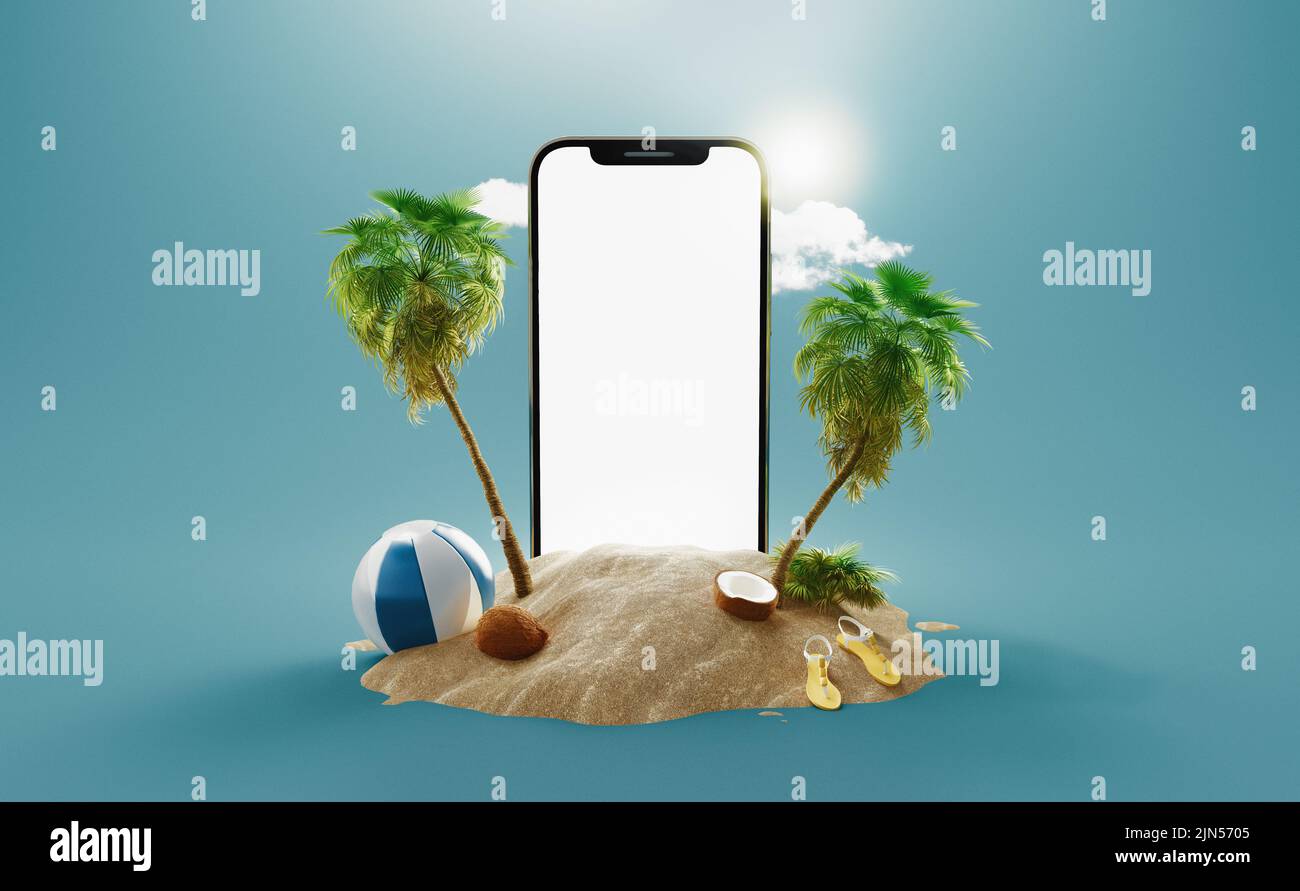 Smartphone on Tropical Sand Beach with Sun light and Palms on Pastel Blue Background. Social Media and Travel Nature Concept. 3D Rendering Stock Photo