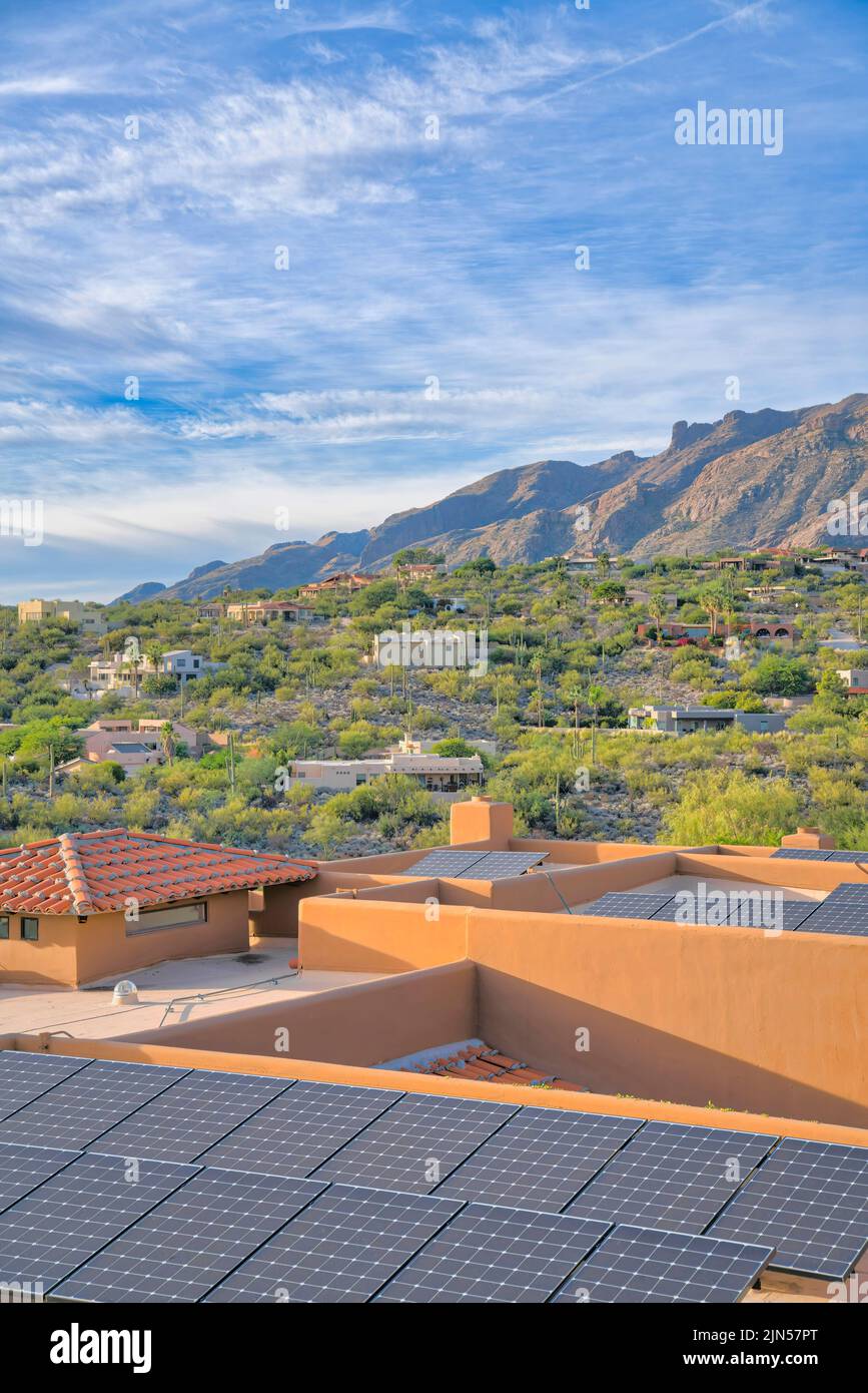 View of a neighborhood from a roof with solar panels at Tucson, Arizona