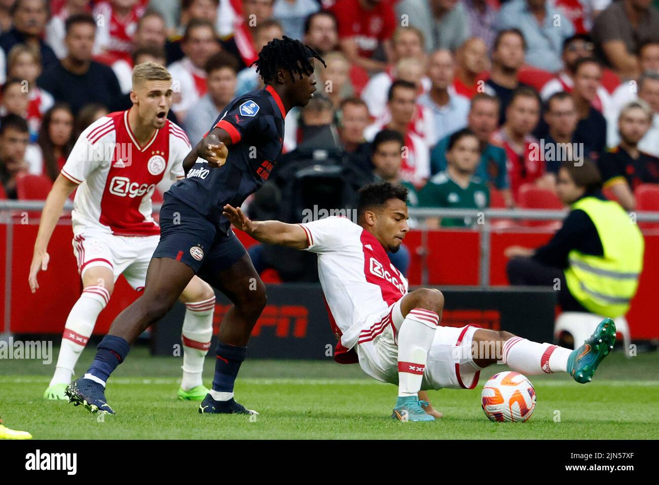 AMSTERDAM, THE NETHERLANDS JULY 30 Johan Bakayoko of PSV, Owen Wijndal of Ajax during the