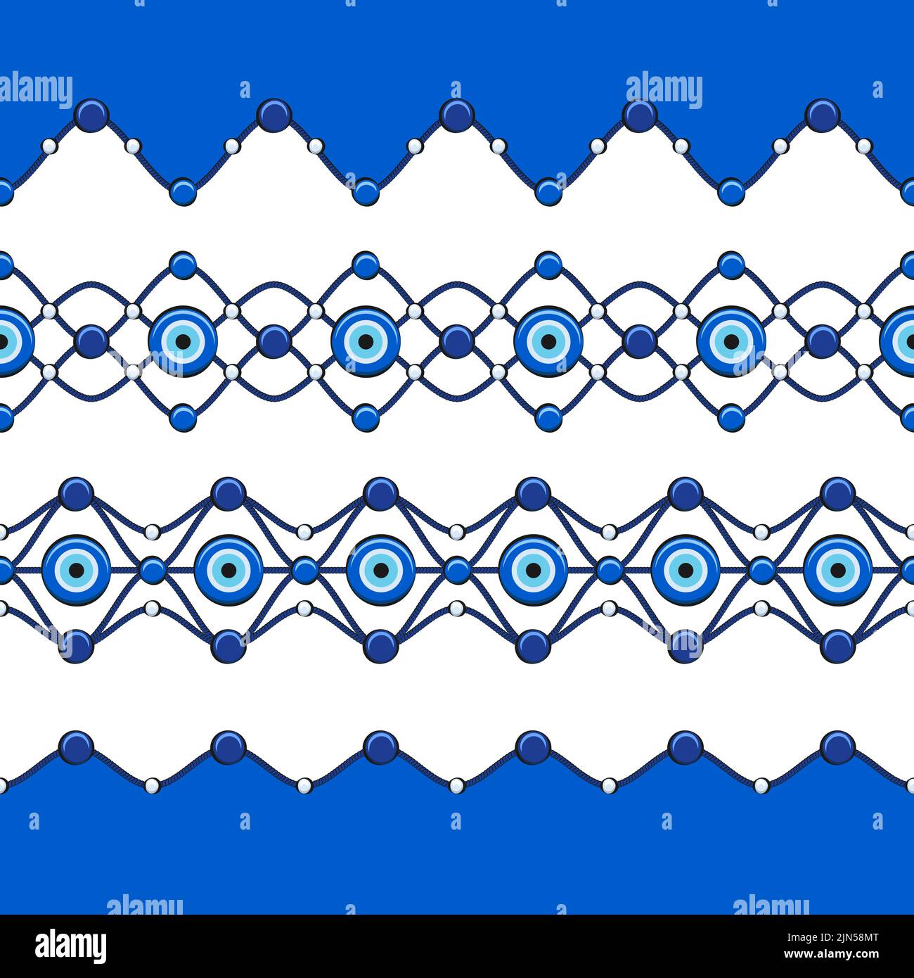 Set of horizontal seamless patterns with eye of fatima and beads. Vector illustration. Stock Vector