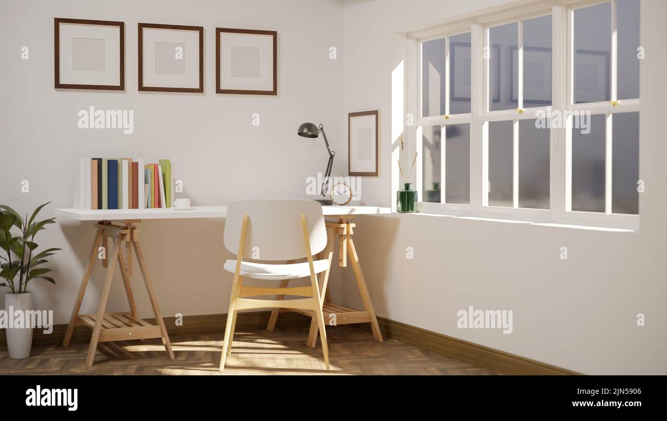 Minimal white Scandinavian home working space interior design with