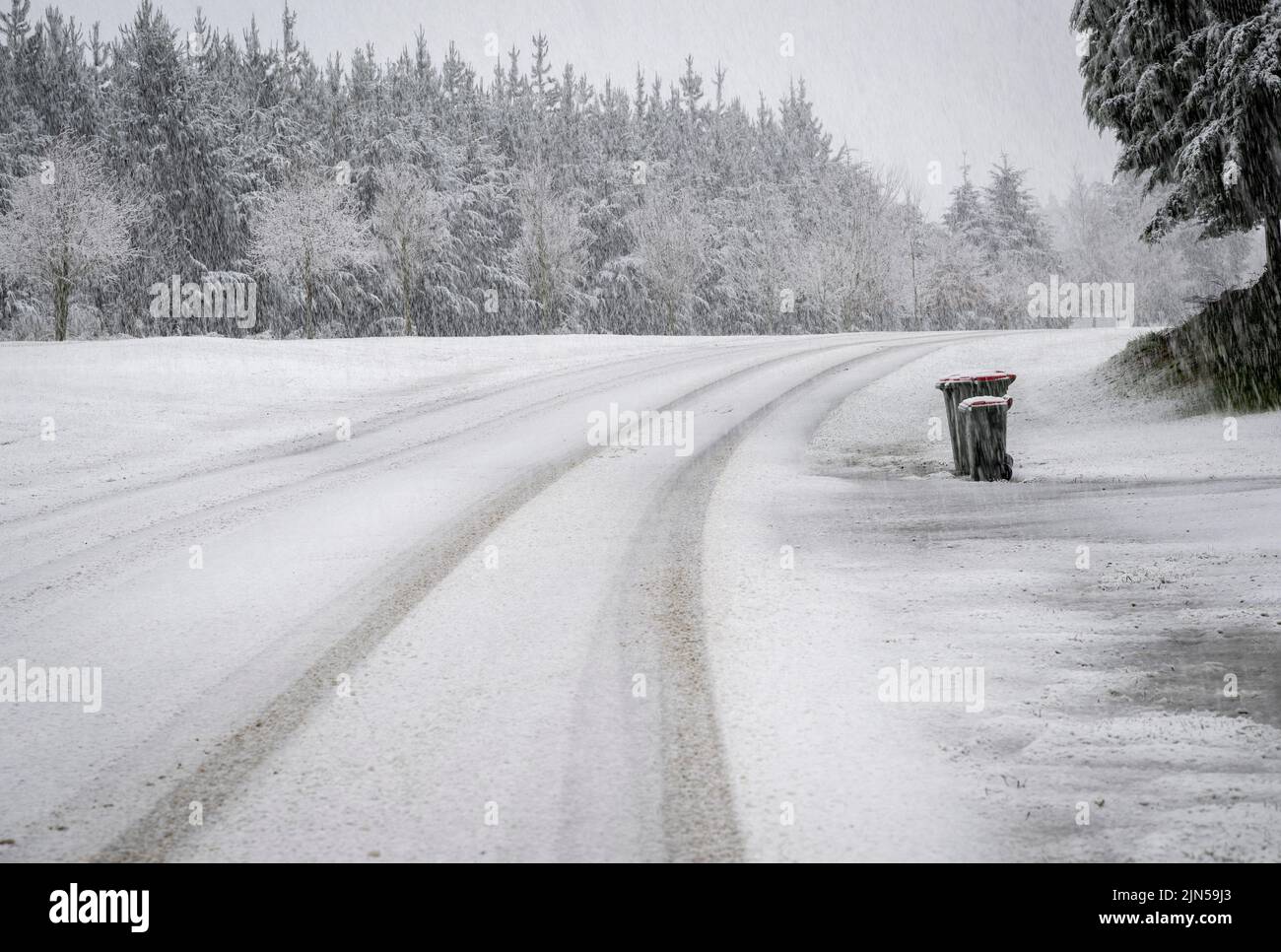 Two rubbish bins by the roadside in a heavy snow storm. South Island