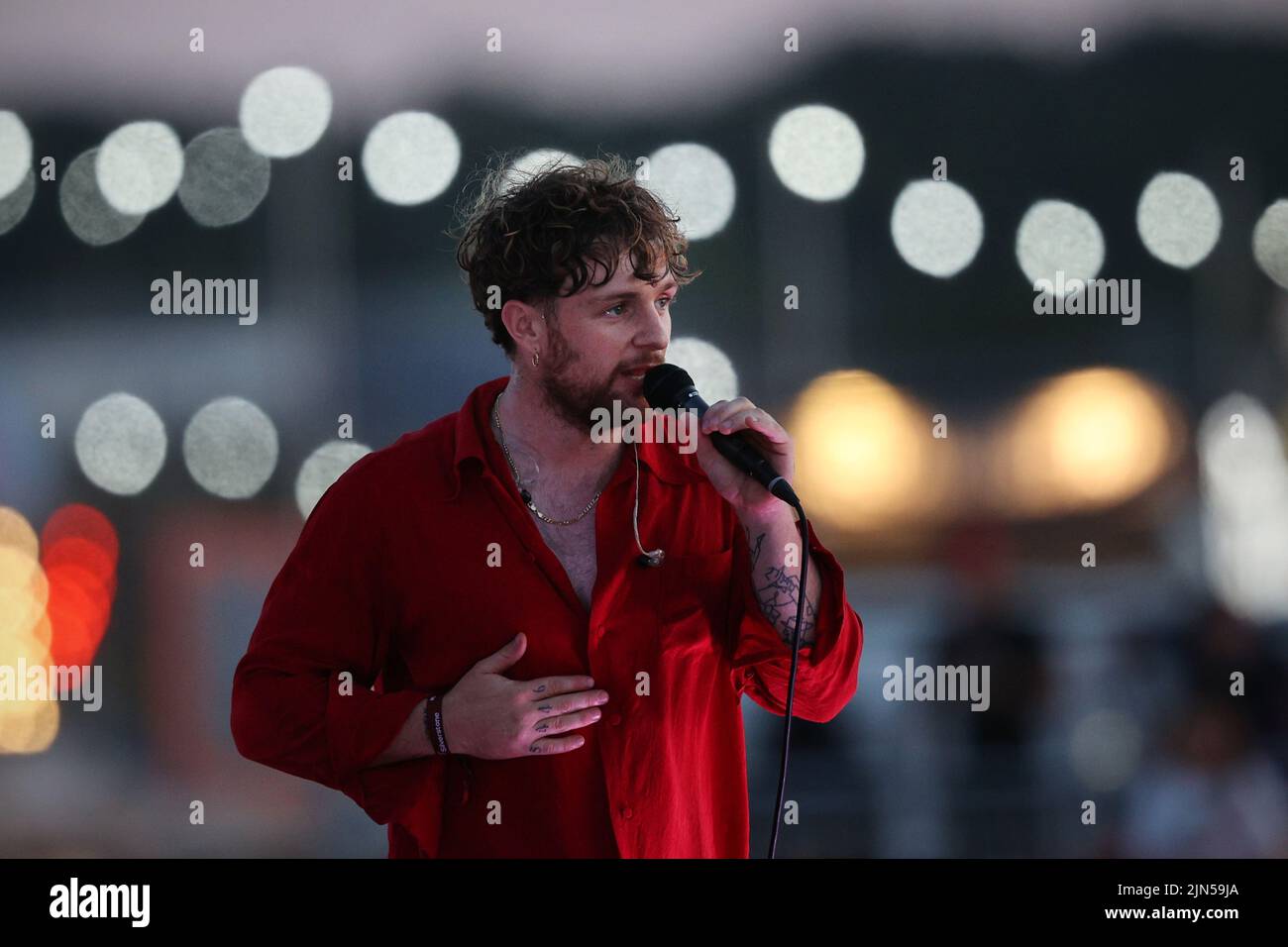 English singer songwriter Tom Grennan performs at Silverstone during the British MotoGP weekend. Stock Photo