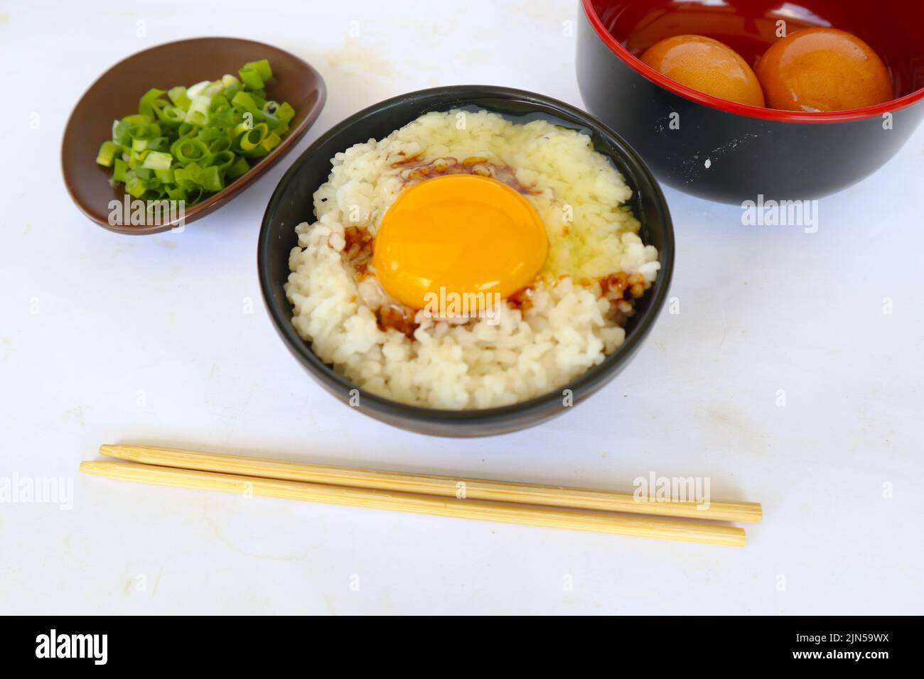 tamago kake gohan or raw egg on rice. traditional food from japan, eat