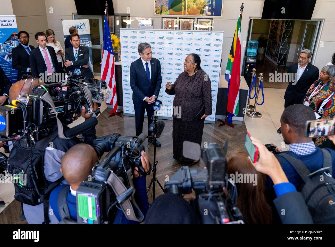 U.S. Secretary of State Antony Blinken and South Africa's Foreign Minister Naledi Pandor speak to members of the media after attending a Women's Day Event at the South African Medical Research Council in Pretoria, South Africa, August 9, 2022. Andrew Harnik/Pool via REUTERS Stock Photo