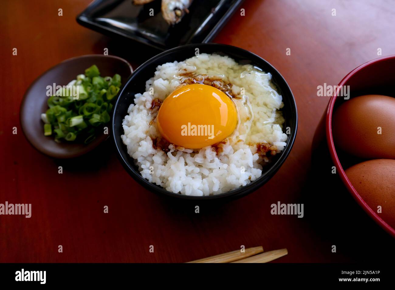 tamago kake gohan or raw egg on rice. traditional food from japan, eat