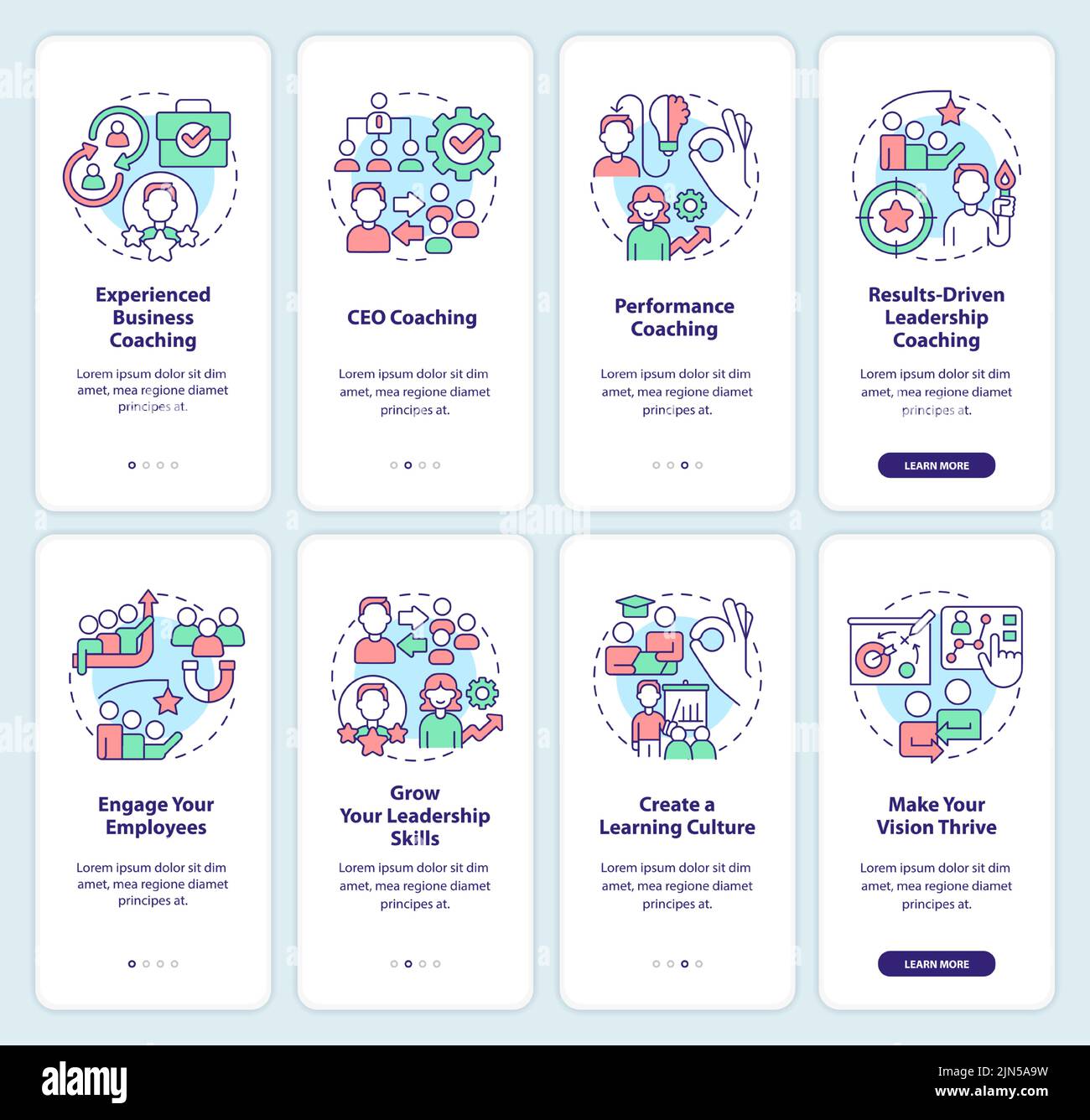 Business coaching programs onboarding mobile app screen set Stock Vector
