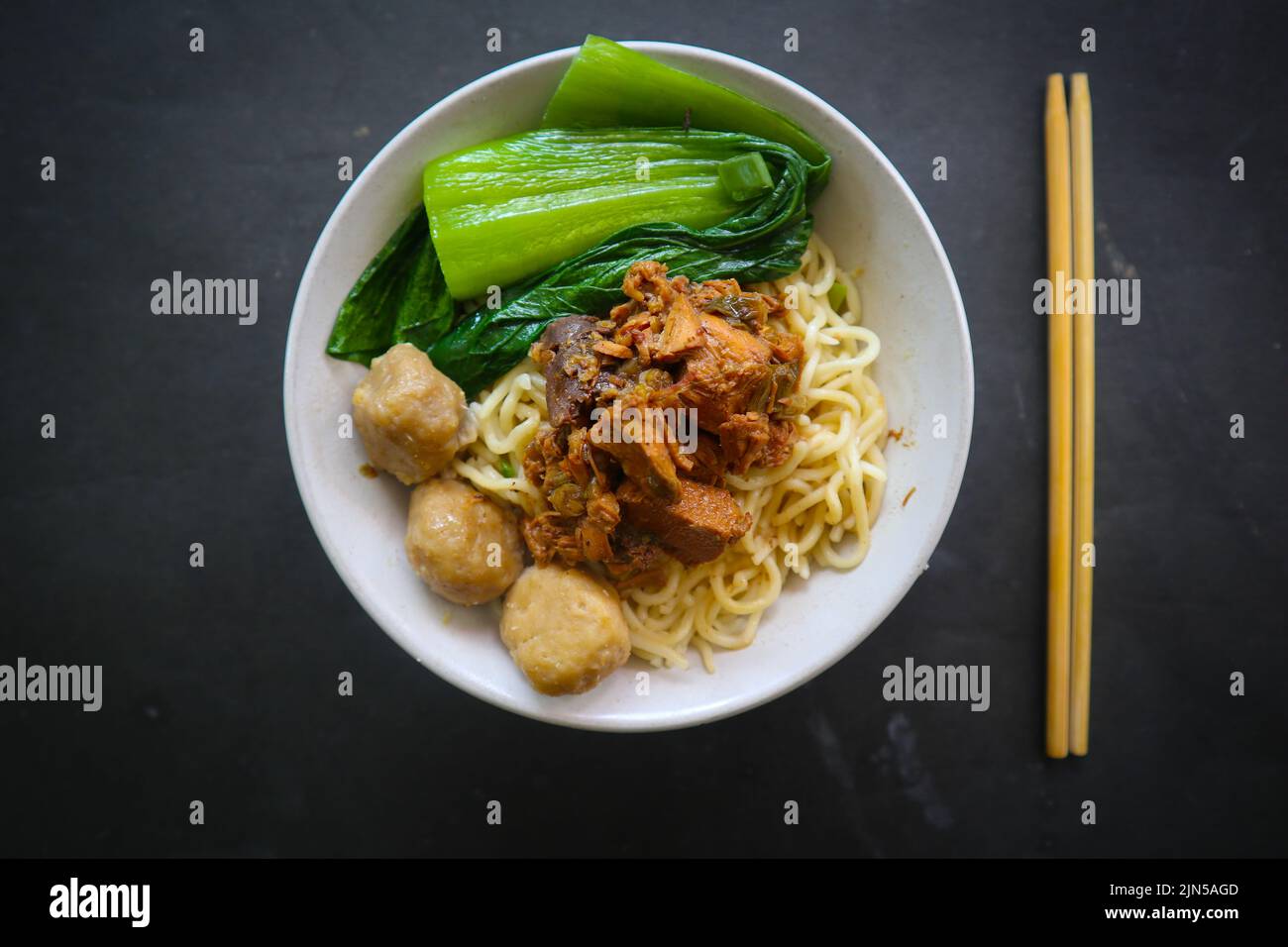 mie ayam or noodles chicken is traditional food from indonesia, asia