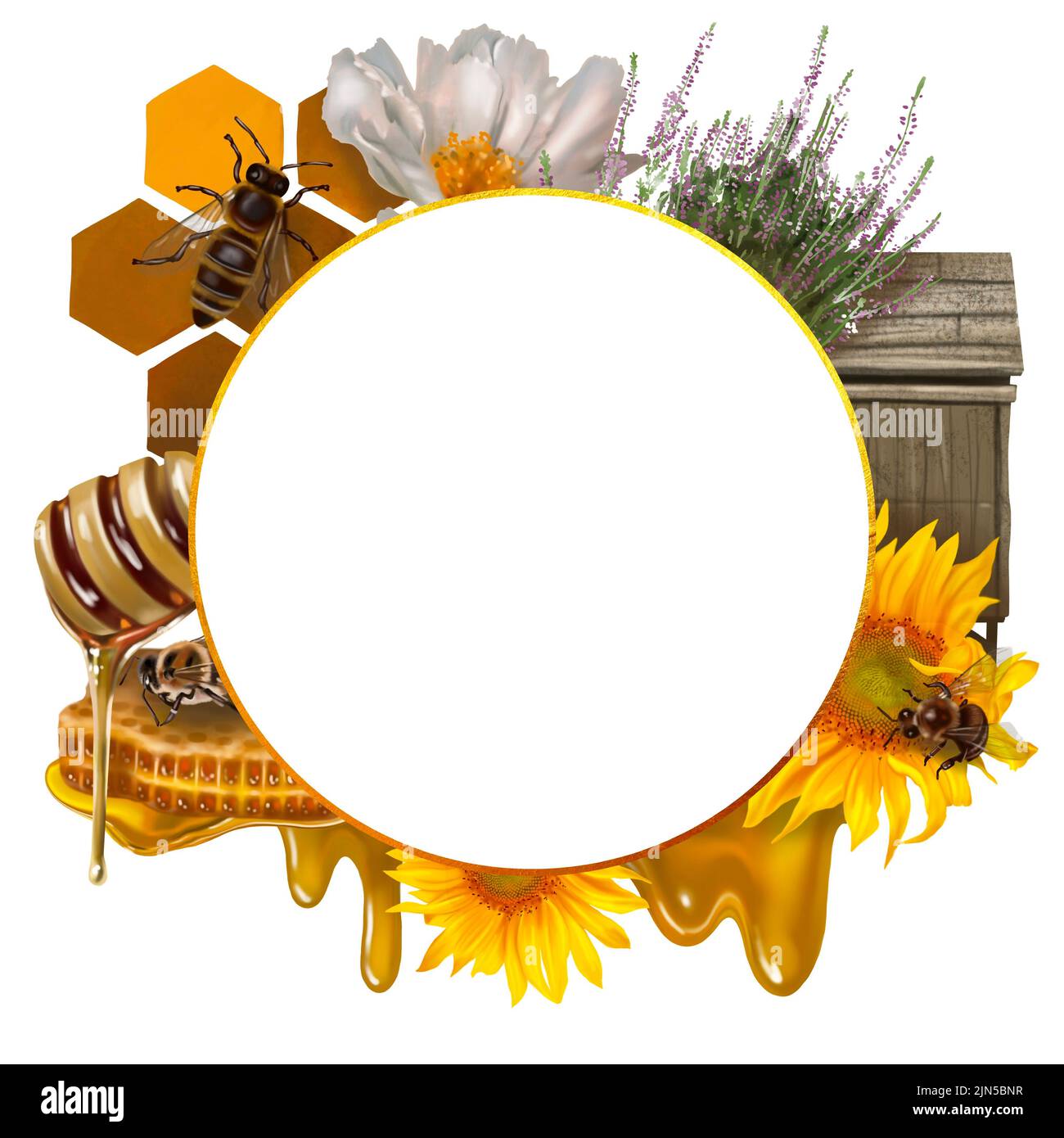 Watercolor frame. Honeycomb, honey bees, flowers, honey and beehive ...