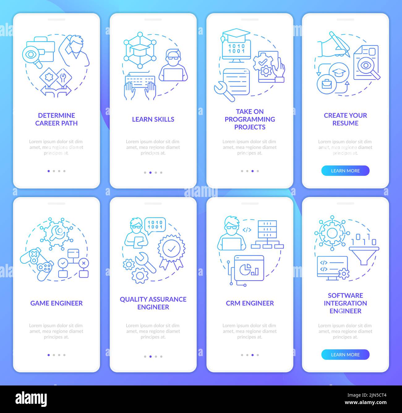 Software developer profession blue gradient onboarding mobile app screen set Stock Vector