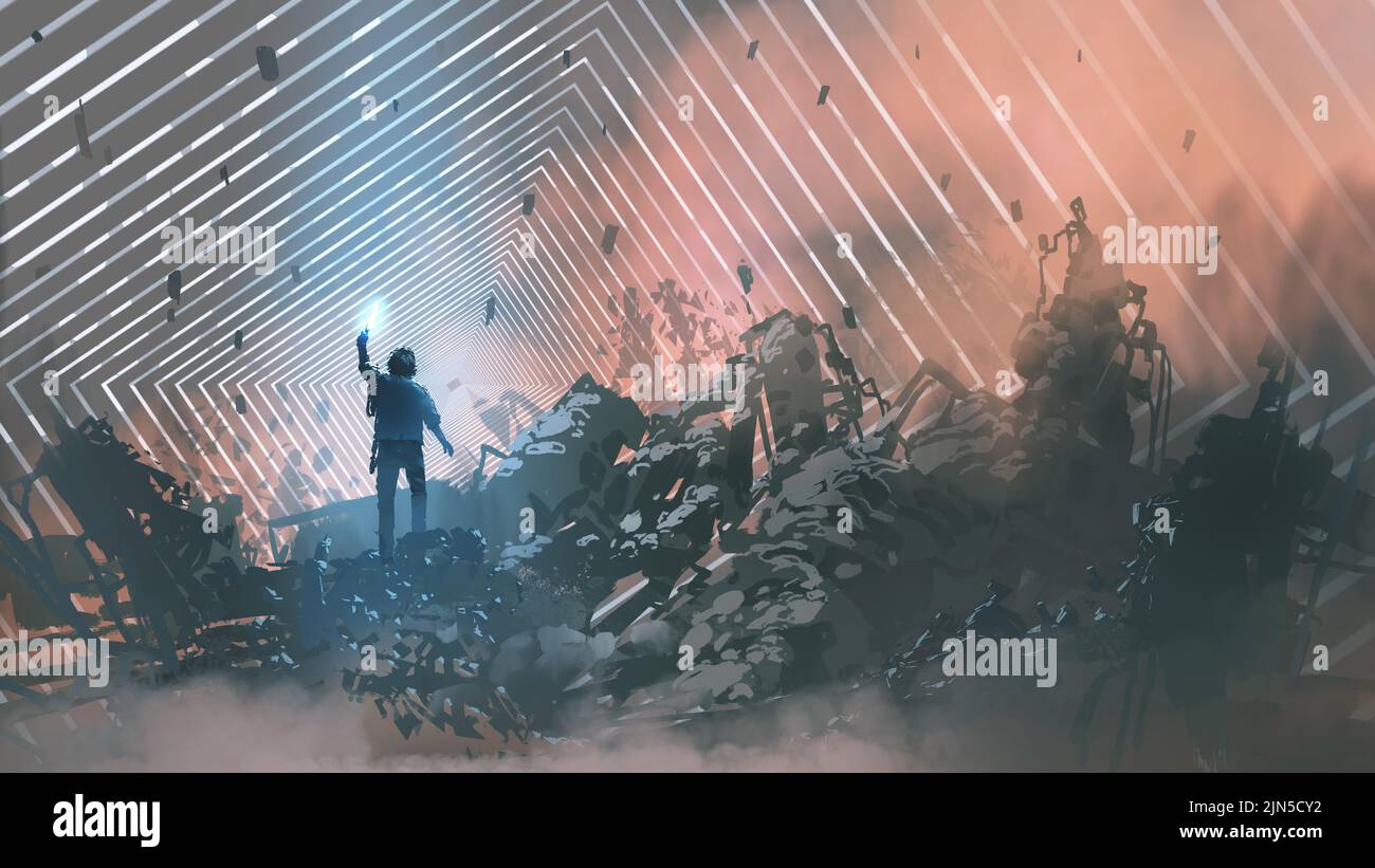 man with the light torch on the pile of rubble, looking at the path leading to another dimension, digital art style, illustration painting Stock Photo