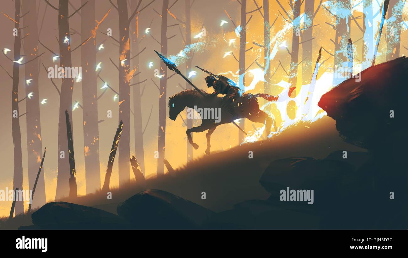 The knight with spear riding a horse through the fire forest, digital art style, illustration painting Stock Photo