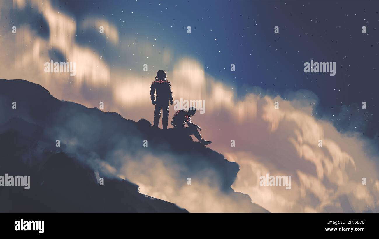 Two astronauts siting on rocks looking at the night sky, digital art style, illustration painting Stock Photo