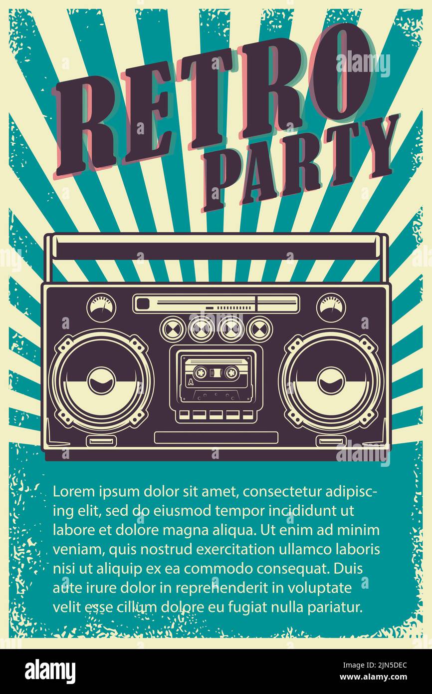 Retro party. Poster template with retro style boombox. Design element ...