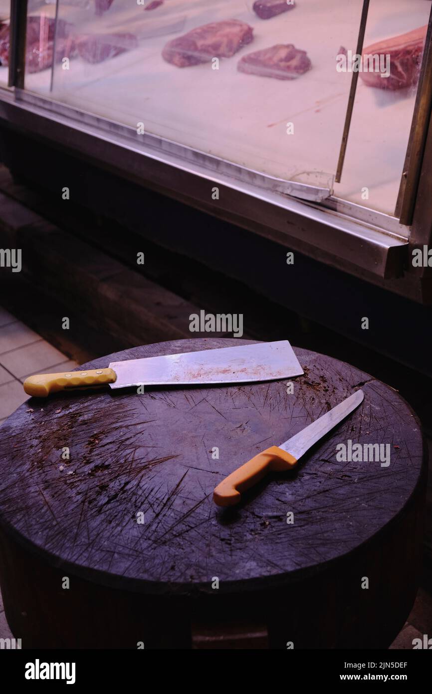 butcher's block and cleaver inside the Central Municipal Athens Market in Psyri Stock Photo