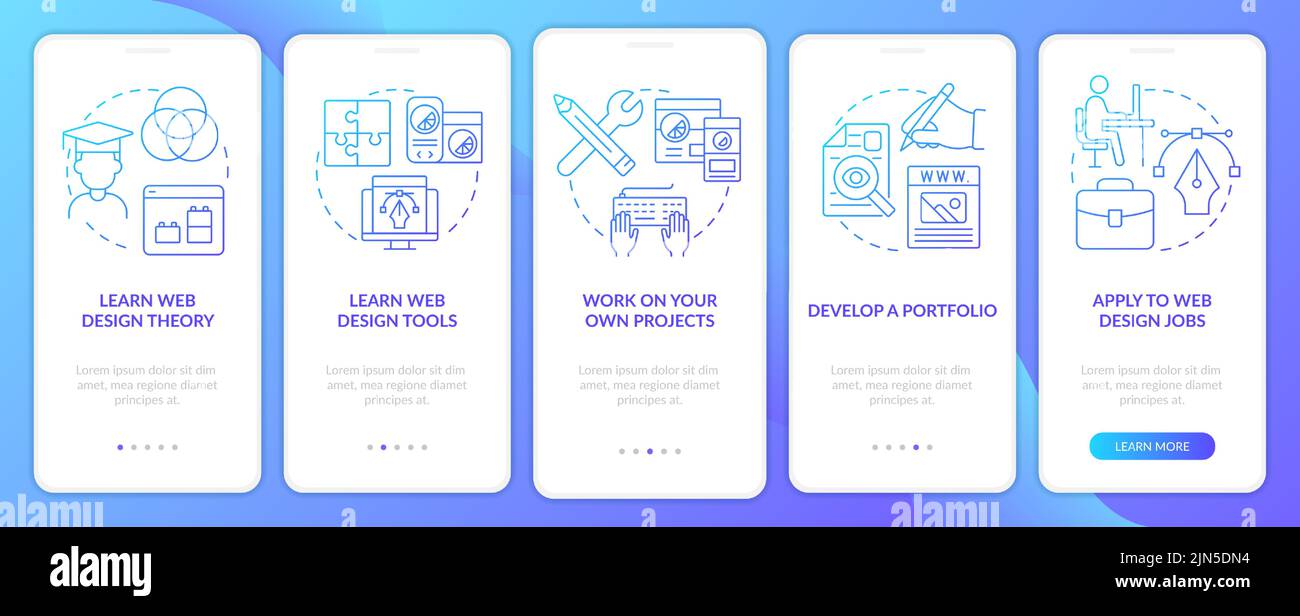Becoming web designer blue gradient onboarding mobile app screen Stock Vector