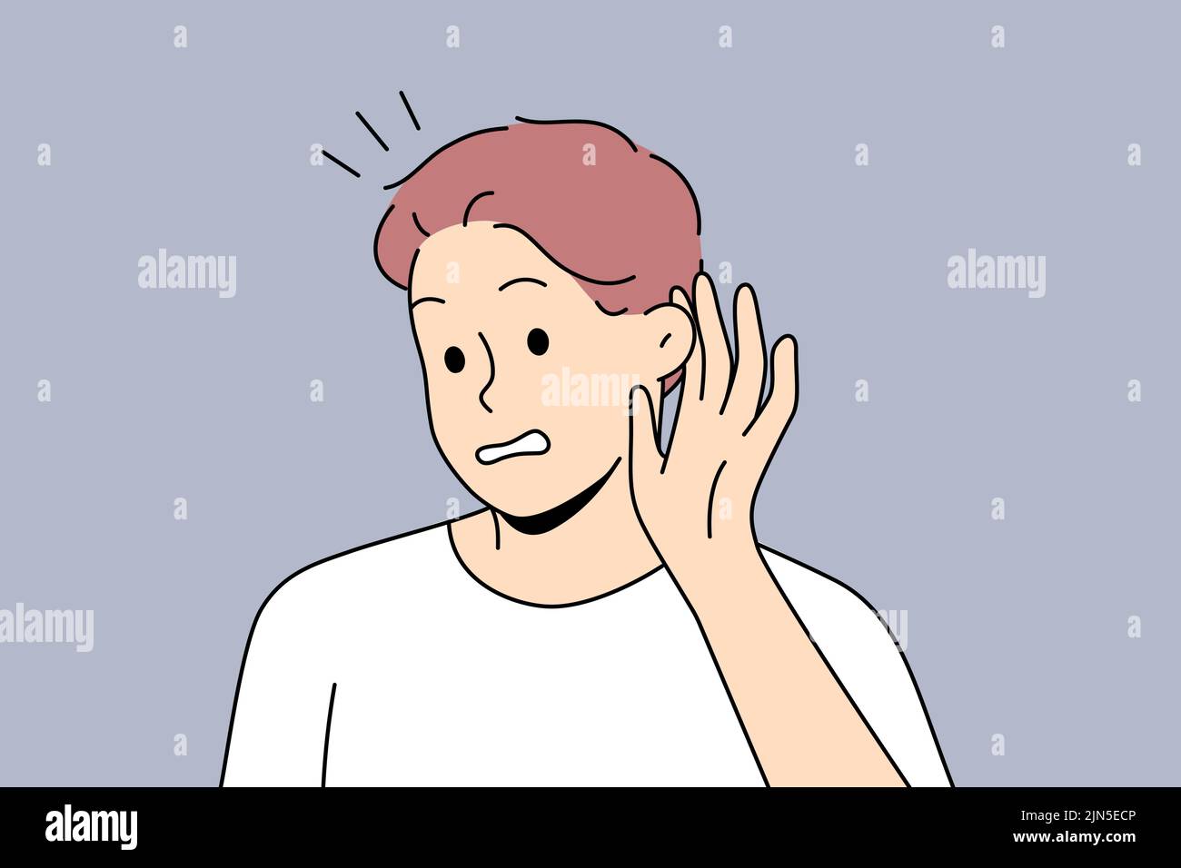 Man make hand gesture hearing gossip or rumor. Frustrated male listening to hidden or secret information. Vector illustration.  Stock Vector