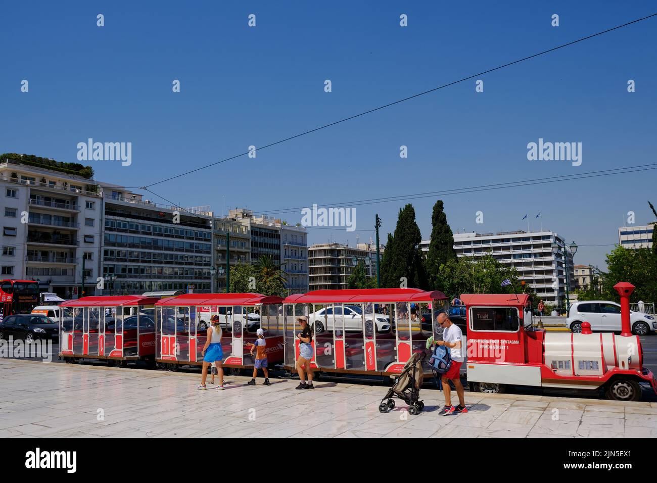 Tourist sightseeing train in central Athens Stock Photo