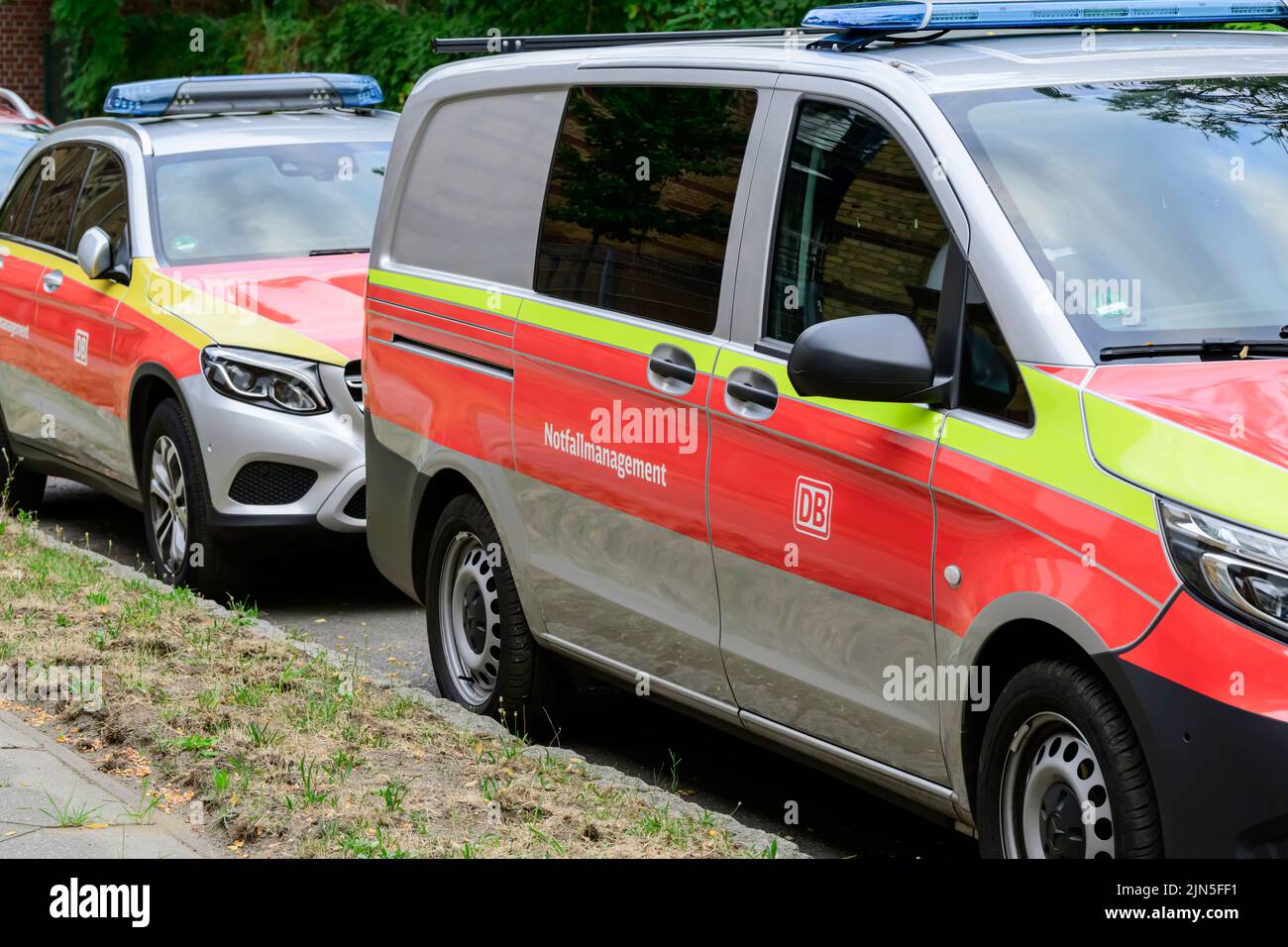 Germany , Berlin , 09.08.2022 , Several vehicles of Deutsche Bahn with the inscription emergency management DB Stock Photo