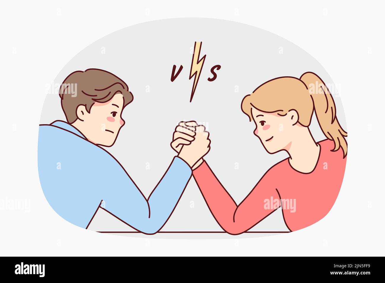 Man and woman arm wrestling decide leadership and dominance. Male and female cartoon characters demonstrate strength and power. Vector illustration.  Stock Vector