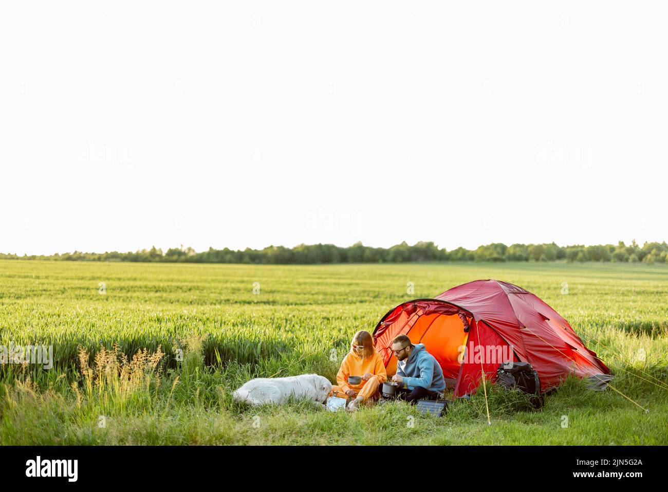 Young couple cooking food, spending summer time with a dog at campsite on the green field. Man and woman travel with tent on nature Stock Photo