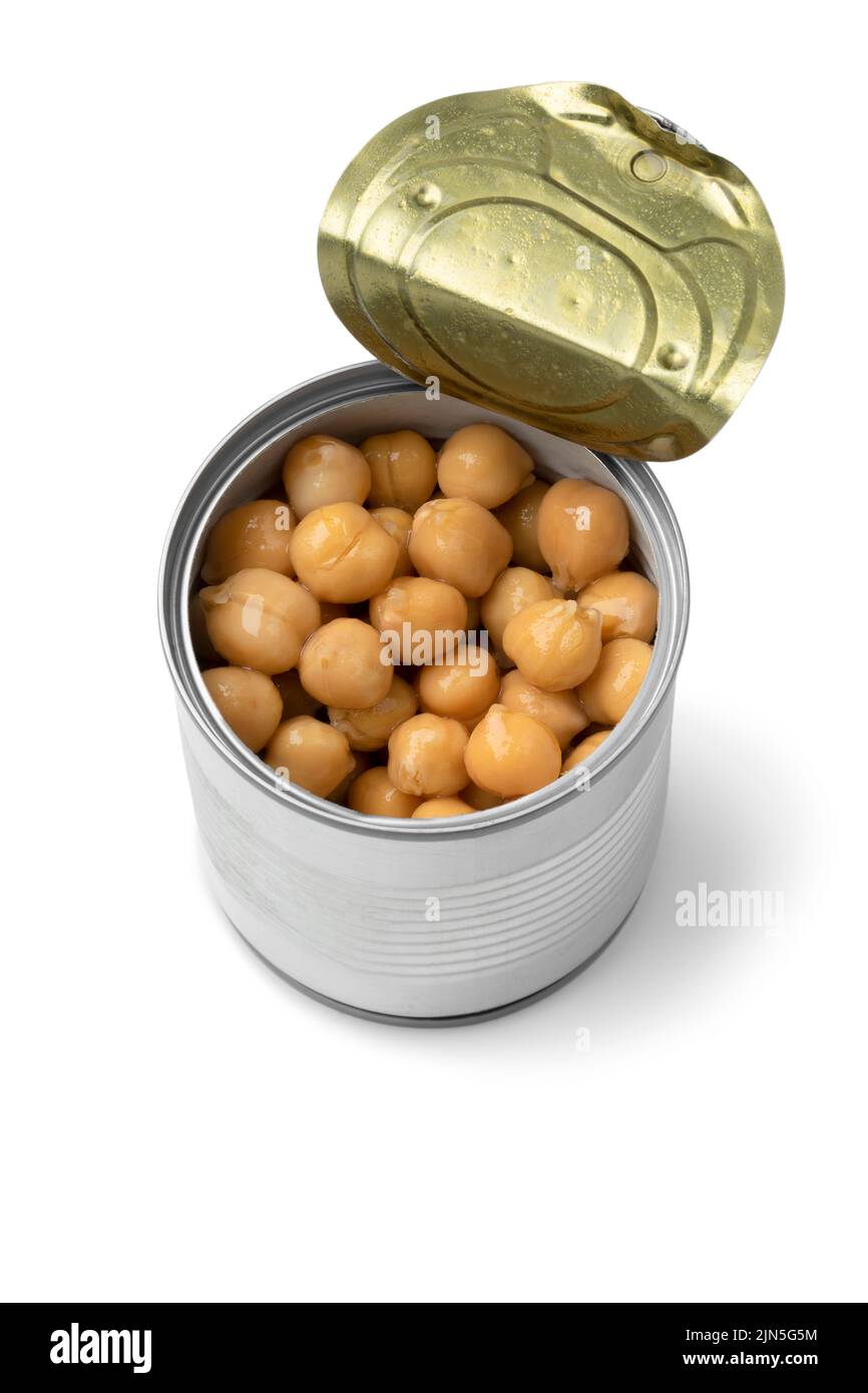 Open tin can with preserved chickpeas isolated on white background Stock Photo