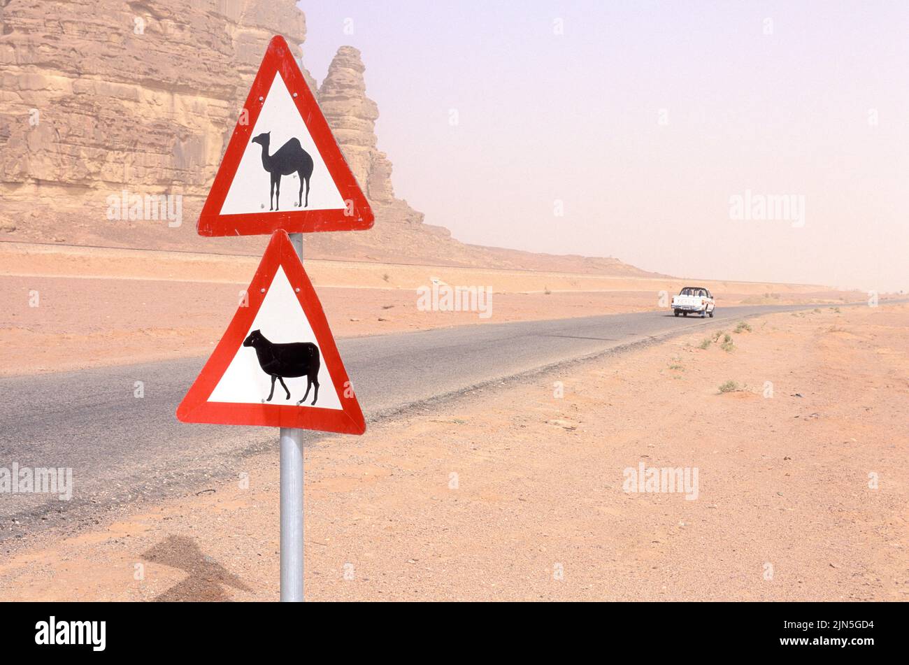 Jordan, Wadi Rum Desert, Road signs Stock Photo