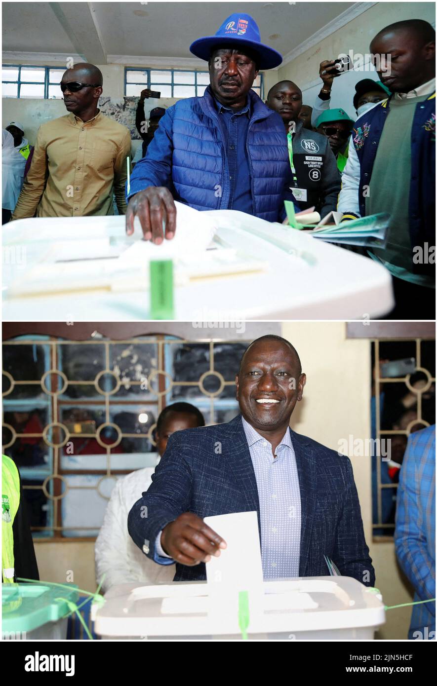 A combination picture shows Kenya's opposition leader and presidential candidate Raila Odinga, of the Azimio La Umoja (Declaration of Unity) One Kenya Alliance, casting his ballot at Kibera Primary School, outside the Kibera slums of Nairobi (top) and Kenya's Deputy President and presidential candidate William Ruto casting his vote at Kosachei Primary School (bottom), during the general elections in Kenya August 9, 2022. REUTERS/Thomas Mukoya/Baz Ratner Stock Photo