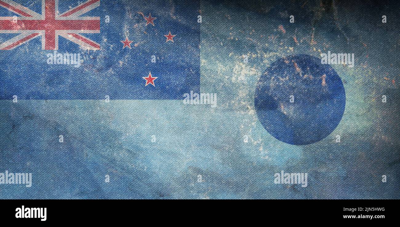 Top view of retro flag Ministry of Transport 1968 1998 New Zealand with grunge texture. New Zealand travel and patriot concept. no flagpole. Plane lay Stock Photo