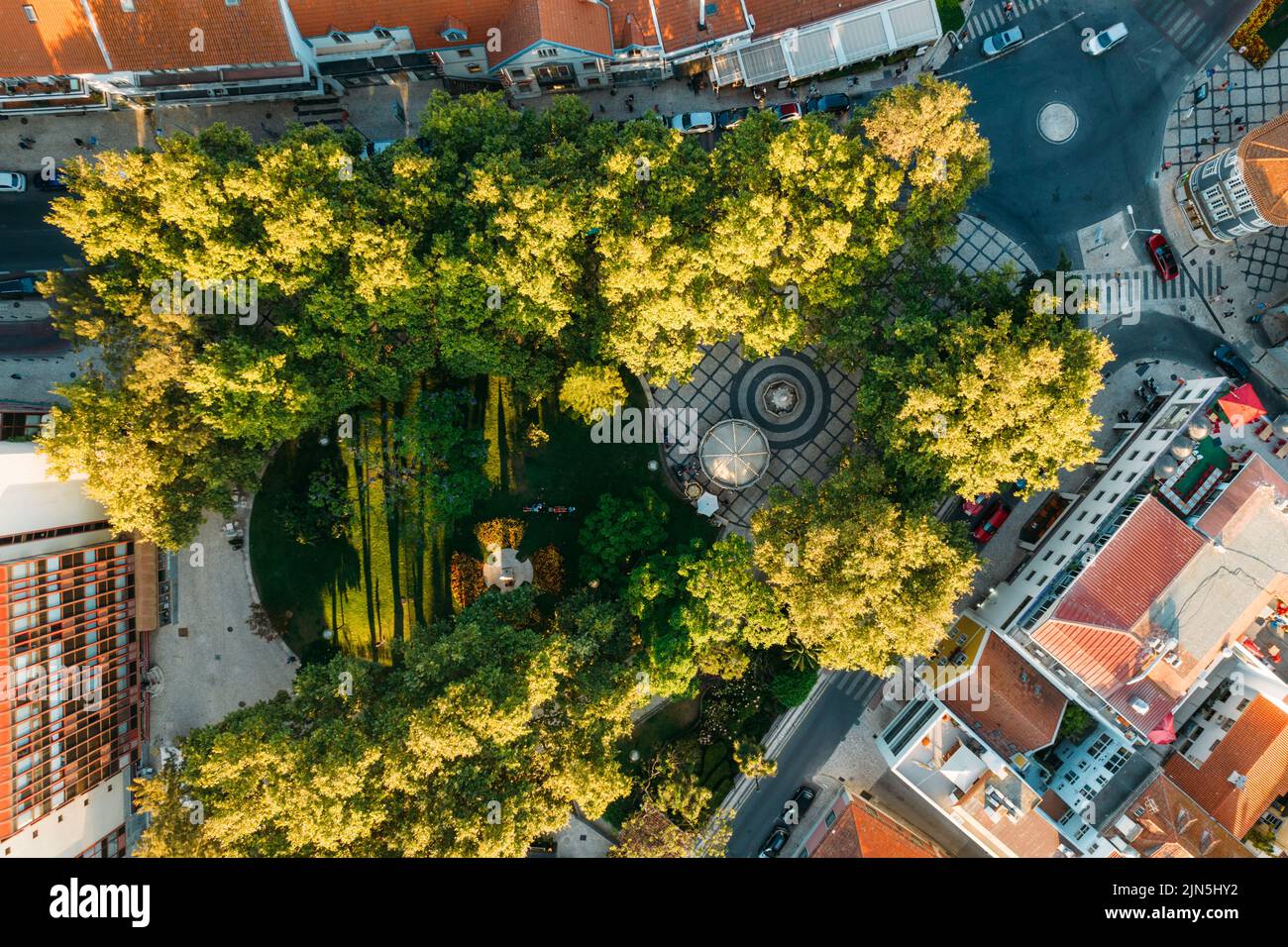 Top down drone view of Visconde da Luz square in Cascais, Portugal Stock Photo