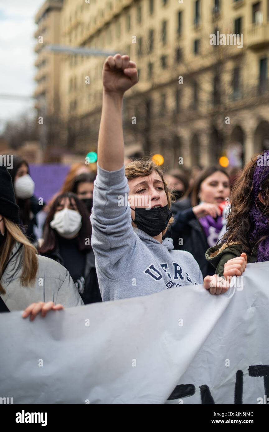 Hundreds of women gather in the streets of Zaragoza to celebrate to celebrate March 8, International Women's Day, Spain Stock Photo