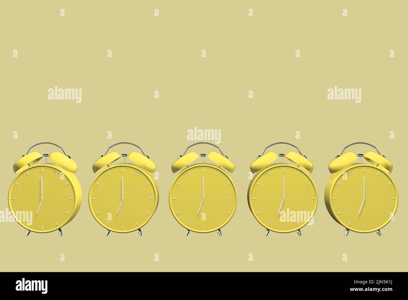 row of clocks line of alarm clocks background colourful 3D render rendered clocks clock array multiple clocks Stock Photo