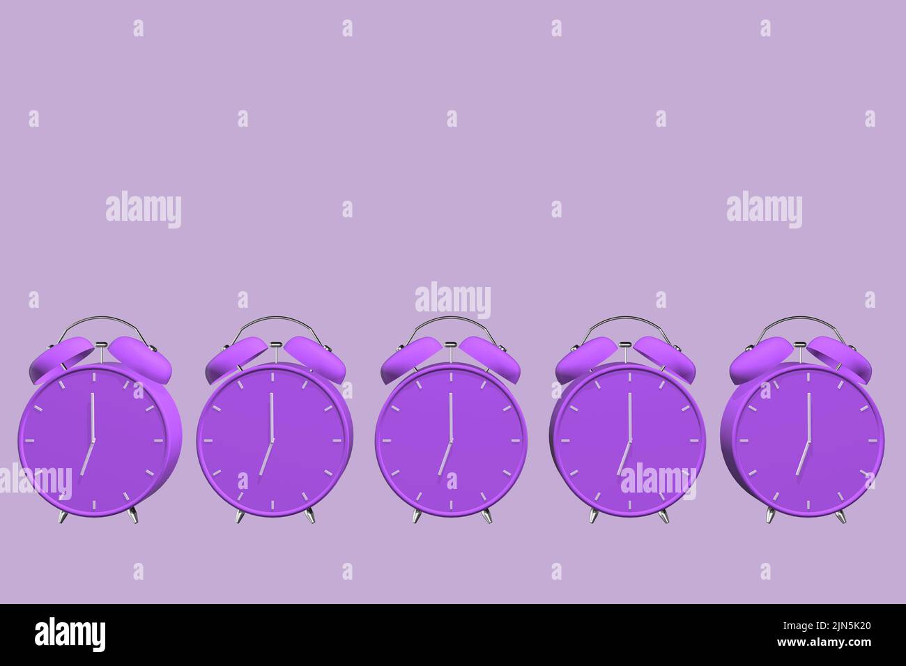 row of clocks line of alarm clocks background colourful 3D render